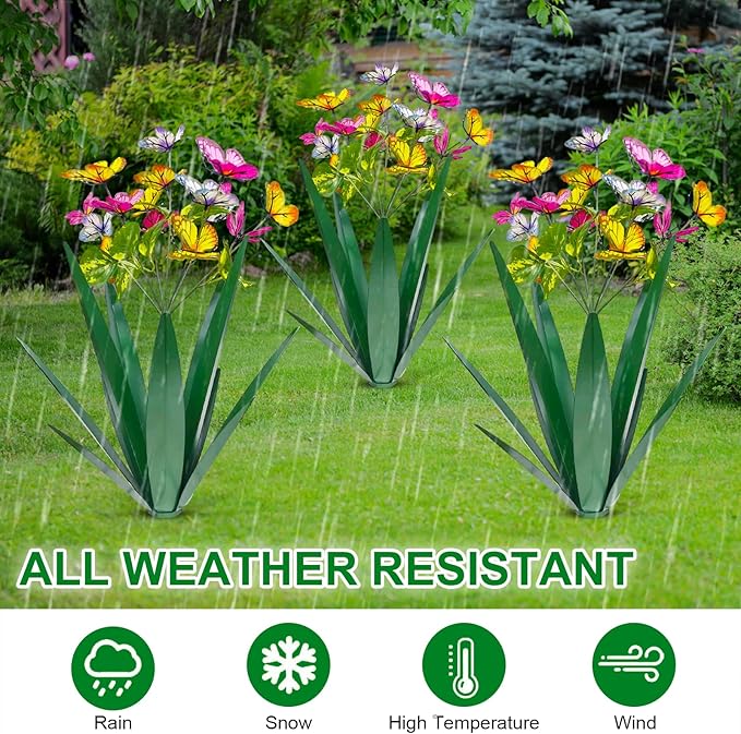 Garden Outdoor Butterfly Enlarge Thickened Wind Resistant Metal Agave Garden Art Metal Plant Country Sculpture Statue Decorations Ornaments Artificial Waterproof Butterflies(Green 3pcs)