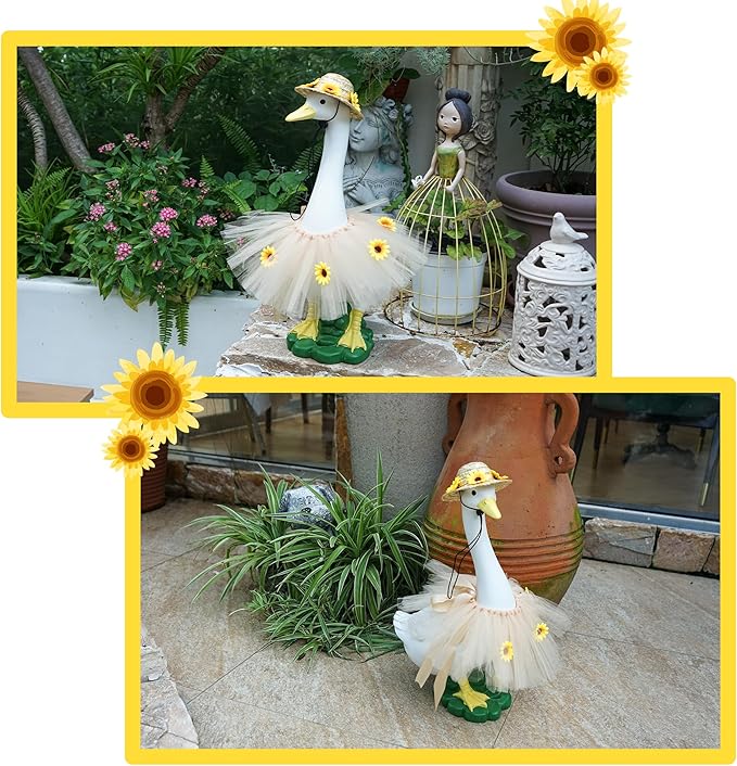 Goose Statue with Summer Sunflower Outfit Set - 20″ Goose Birthday Decor, Funny Ducks Yard Garden Outdoor Decor, Resin Animal Sculptural Patio Yard Ornament, Gifts for Women/Grandma
