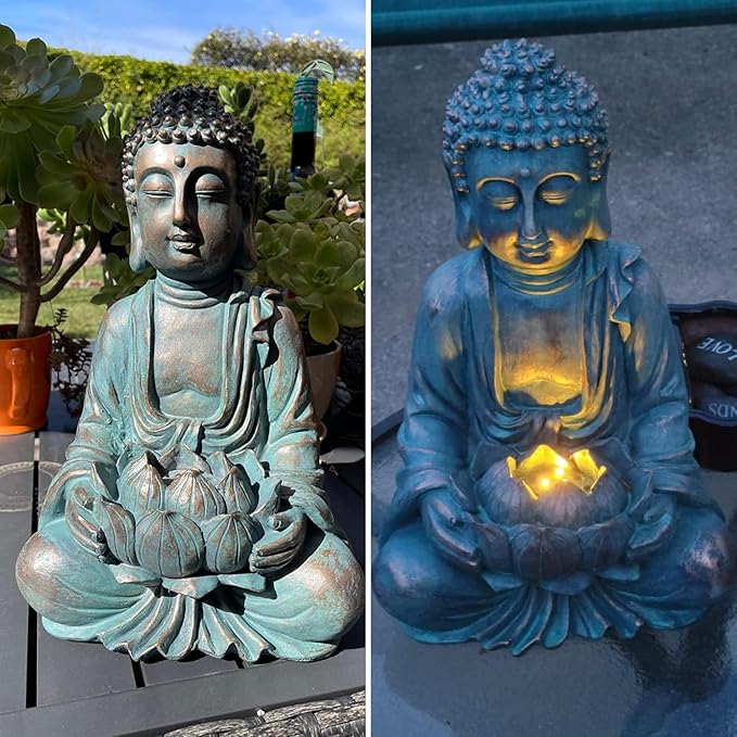 TERESA'S COLLECTIONS Meditating Buddha Statue for Garden Decor with Outdoor Solar Lights, Large Resin Outdoor Decor Garden Statue Sculpture Figurines for Home Lawn Yard Decor Gifts for Mom, 7.1''