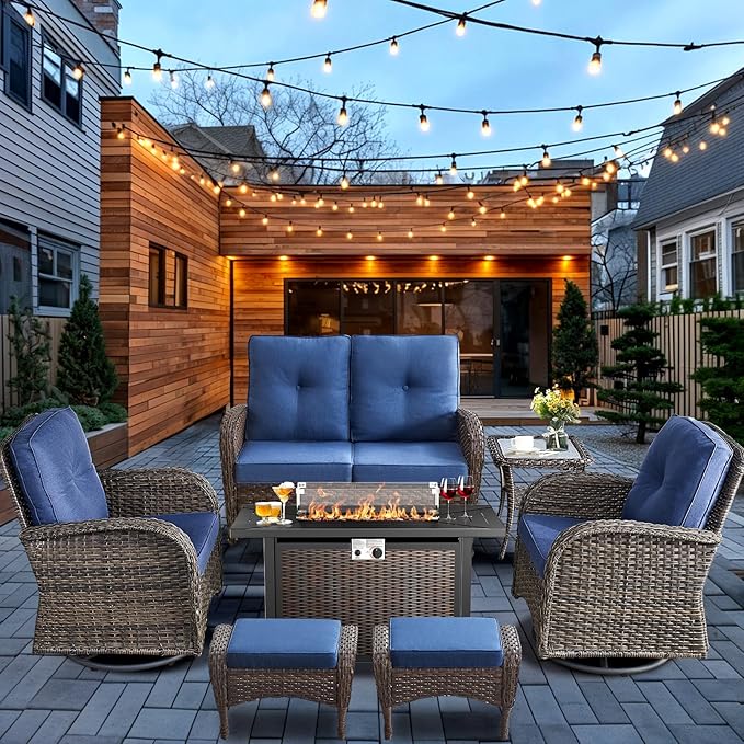 HUMMUH 7-Piece Patio Furniture Set with Fire Pit,Wicker Patio Glider Loveseat Outdoor Swivel Rocker Chairs with Ottomans for Backyard,Poolside,Deck
