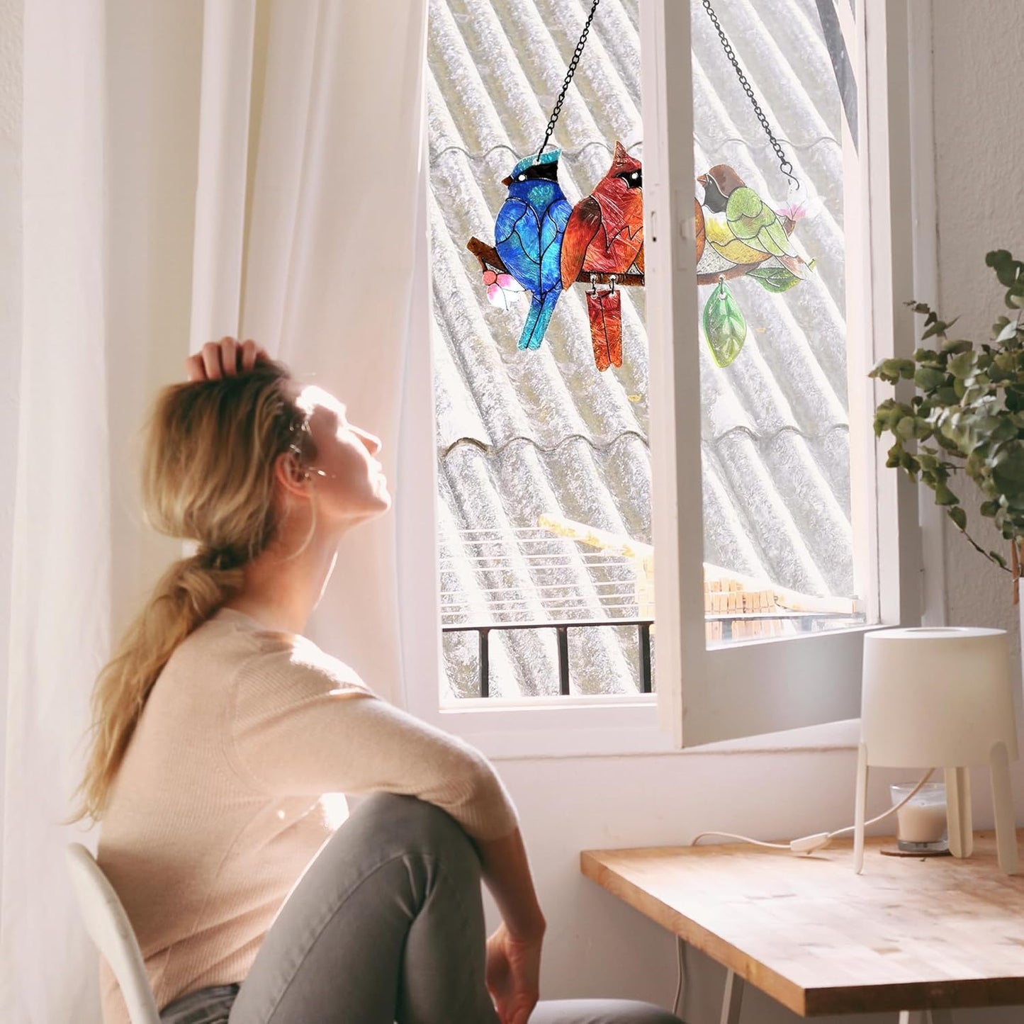 Stained Glass Window Hanging - Hummingbird on Branch Suncatcher Hand-Painted Double Side Stain Glass Cardinal Gifts Sun Catcher for Windows Doors Room Outdoor Home Decoration