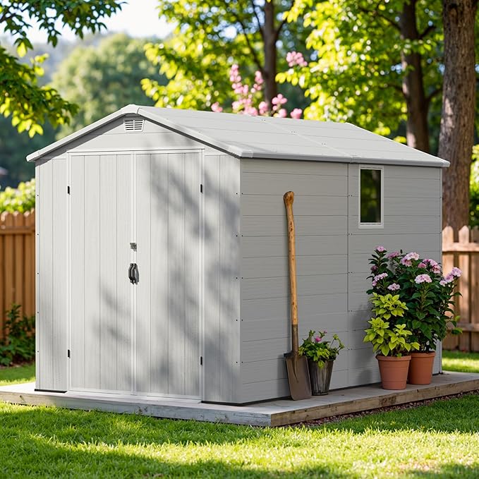 Greesum 6×10FT Plastic Outdoor Storage Shed with Floor, Resin Storaged Sheds with Lockable Double Door, Windows & Vents, All-Weather Tool Sheds for Garden, Backyard, Patio, Light Gray