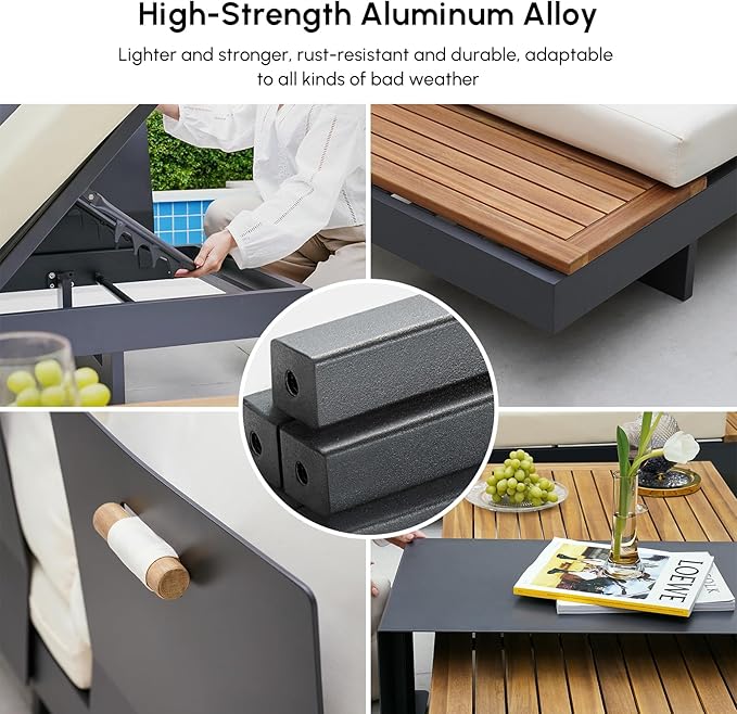 homary 6 Piece Aluminum & Teak Outdoor Sofa Set, Patio Conversation Sets Modular Outdoor Sofa with Covers, Waterproof, Fade Resistant Cushions Ideal for Patios & Balconies, Beige