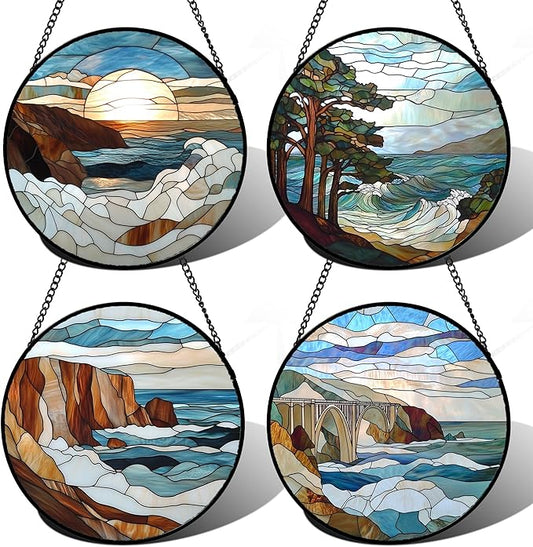 Stained Glass Window Hanging 4 Pcs Set Ocean Waves 7.8" - Blue and White Sea Suncatcher Door Garden Sun Catcher Decor Birthday Christmas for Mom Woman Nana Men