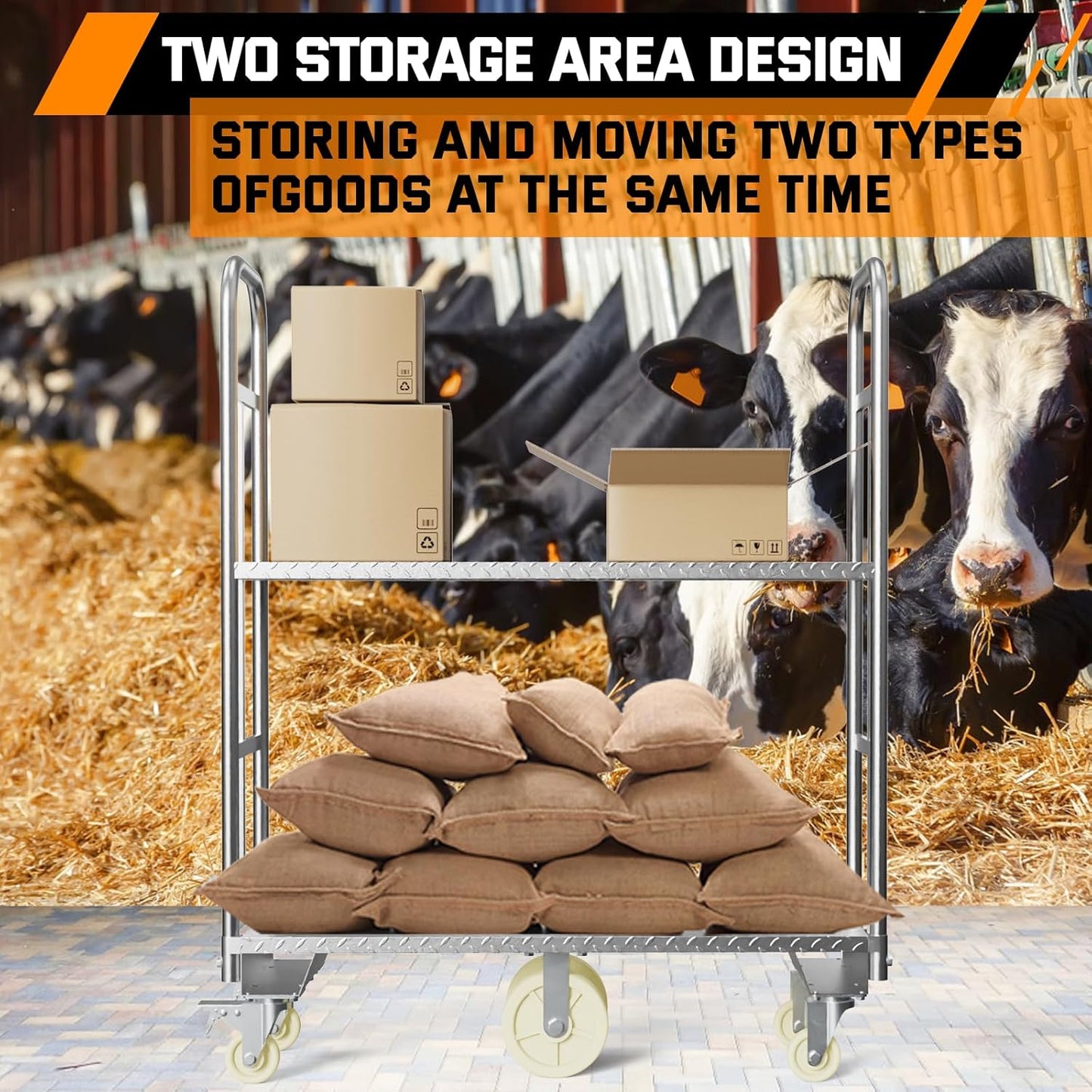 Two Tier U-Boat Platform Truck Cart, 16 x 48Inch Narrow Aisle Flatbed Truck w/6PCS Wheel Caster 2500LBS Weight Capacity Heavy Duty Platform Dolly with Removable Handles for Warehouse, Storage Room