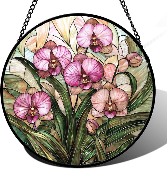 Stained Glass Window Hanging - Pink Phalaenopsis Orchid Green Leaves Sun Catcher for Door Home Decor Flower Suncatcher Christmas Mother's Day Birthday Gifts for Women Men Mom Nana 15 in