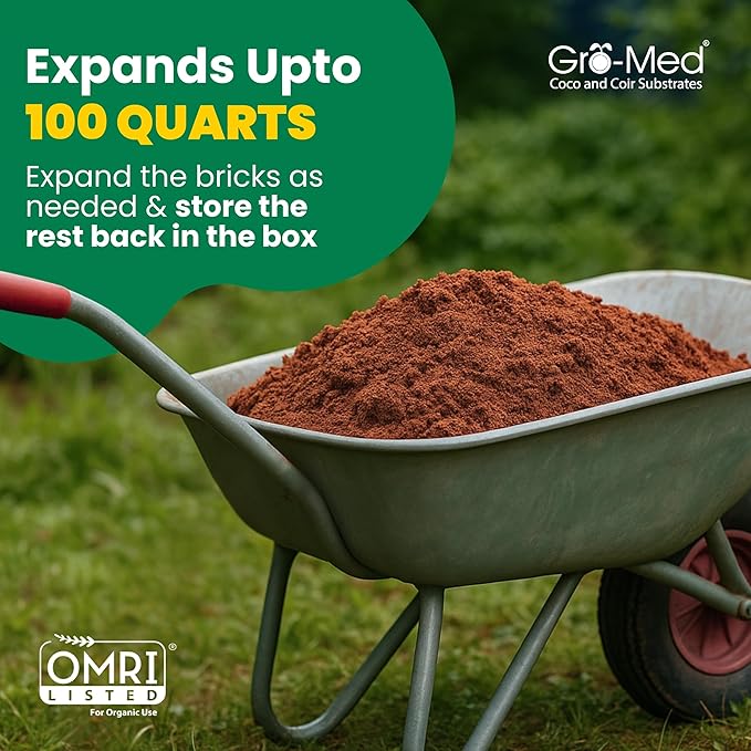 Gro-Med Coco Coir Bricks – 10 Pack (650g Each) | Expands to 100 Quarts | NPK Enriched, OMRI Listed | Organic Coconut Fiber for Indoor & Outdoor Gardening, Potting Soil & Mix