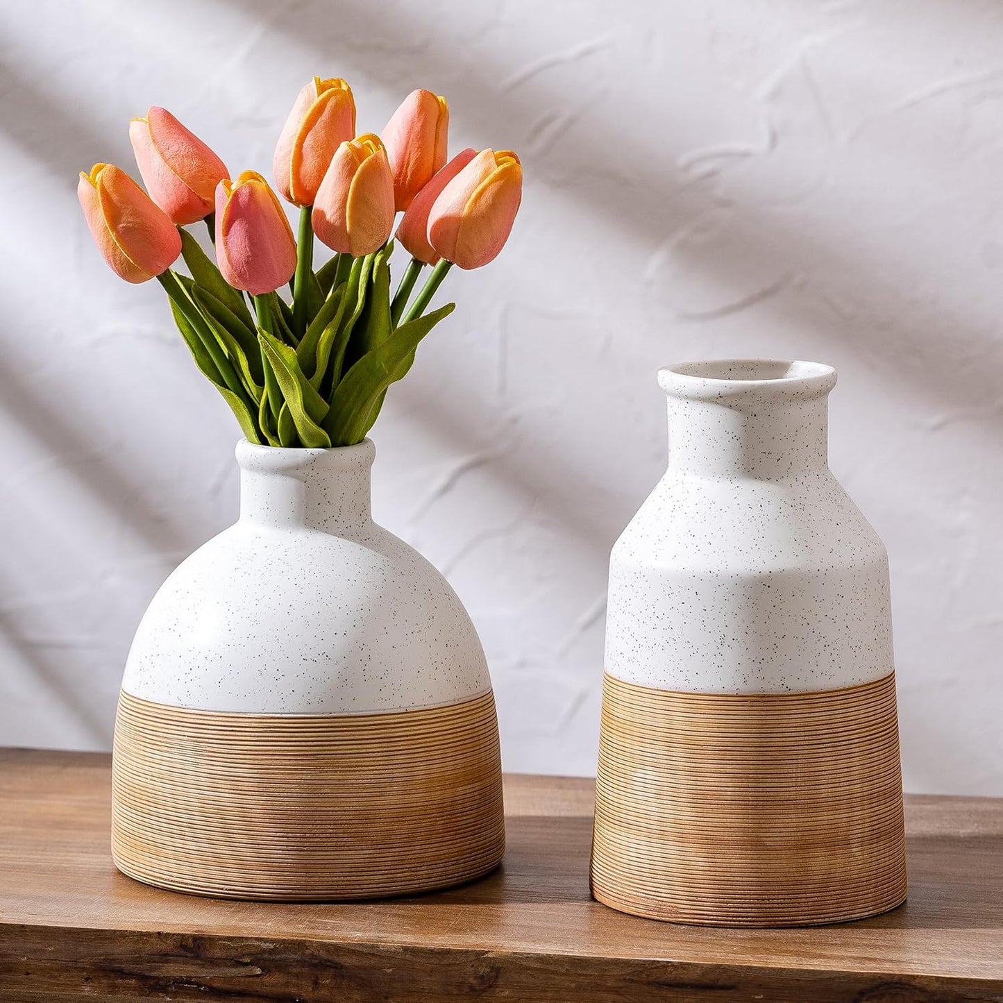 Rustic Farmhouse Flower Ceramic Striped Vase, White and Brown Decorative Ceramic Modern Floral Vase for Bouquet, Cottage Home Core Decor, Tabletop Bedroom Office Bookshelf Living Room Wedding 7.7 Inch