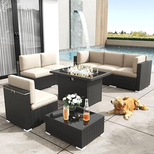 Patio Furniture Set with Fire Pit Table, 8 Pieces Outdoor All-Weather Wicker Conversation Sectional Chair Sofa Set