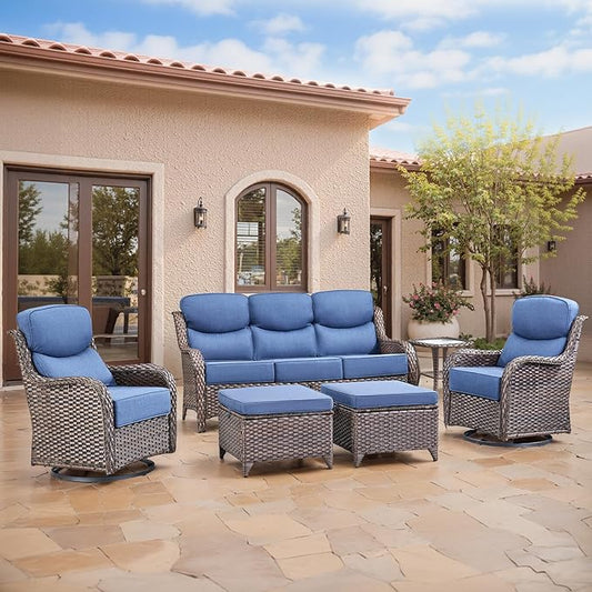 Swivel Patio Chairs sofa Set of 6 - 6" Thick Cushion - Wicker Outdoor Swivel Rocker Patio Chair ,Sofa/Glass coffee table, High Back Comfortable Outdoor Glider Chairs - Brown Wicker Blue Cushions