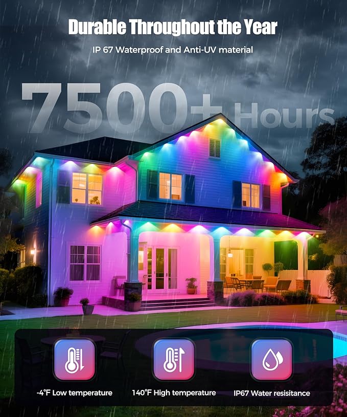 POOFZY Permanent Outdoor Lights for House,16.5ft RGB+IC Smart Outdoor Decor, 50 Scene Modes,App/Remote Control,IP67 Waterproof,for Christmas,Halloween,Daily & Holiday Party Decor,House Roof Lighting
