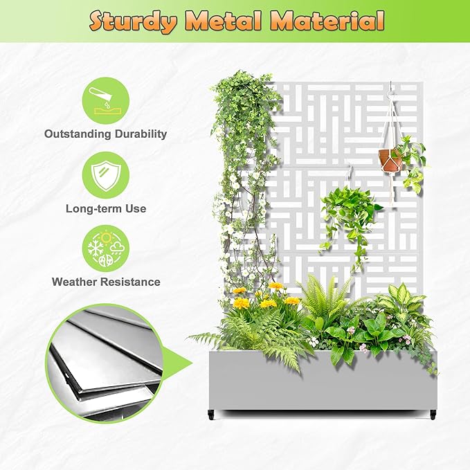 Metal Raised Garden Bed with Trellis, 2-in-1 Planter Box & Privacy Screen for Climbing Plants, Outdoor Standing Flower Bed with Drainage Holes, 47.2" L x 16.7" W x 70.8" H, White-Helen