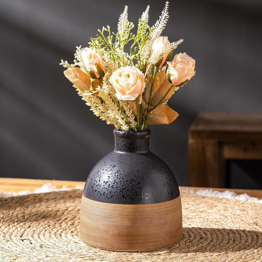 Black and Brown Rustic Farmhouse Flower Round Ceramic Striped Vase, Modern Bohemian Ceramic Floral Vase for Home Cottage Core Decor, Table, Living Room, Bookshelf Decor, Mantel, Wedding 6.5 Inch