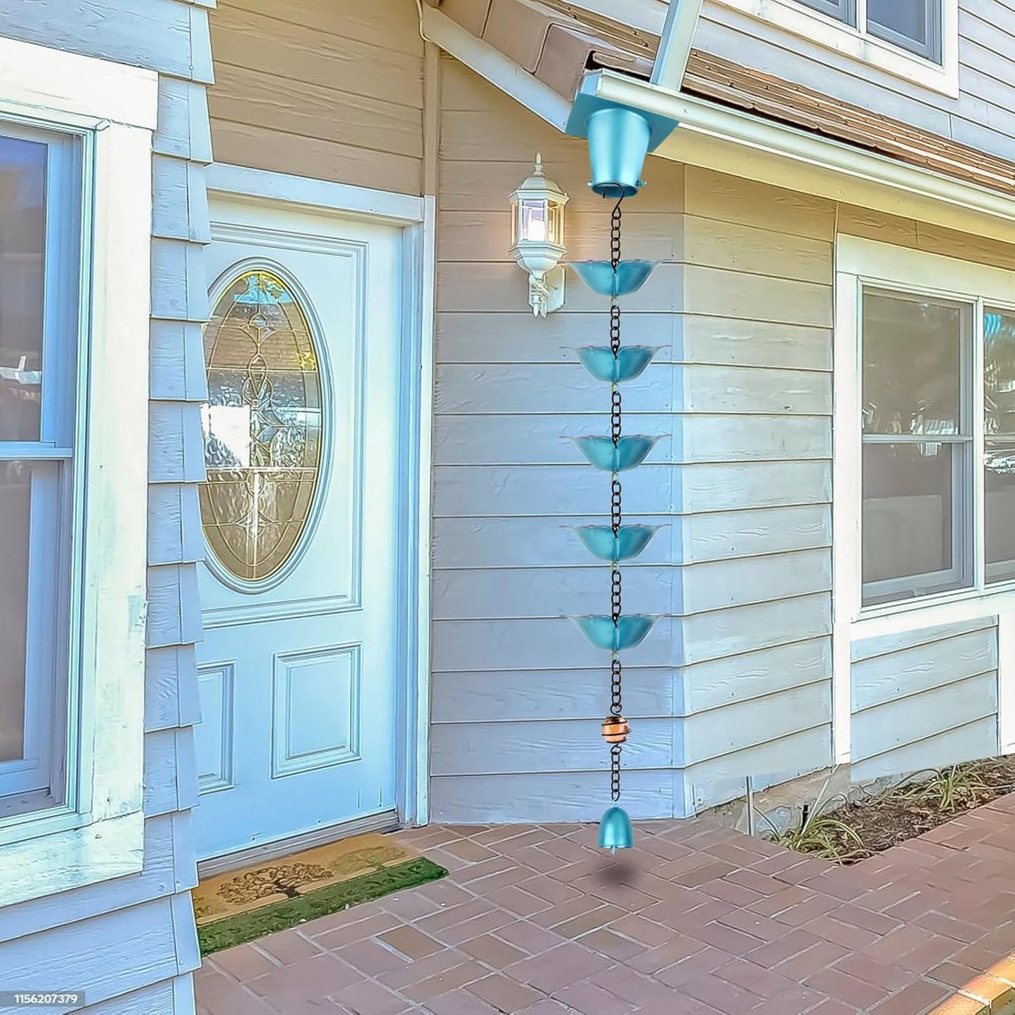 9FT Wrought Iron Rain Chain Set with 1 Adapter,Rain Chains for Outside with Rain Chain 16 Cups Flowers and Decorative Small Bell (Blue-Purple)