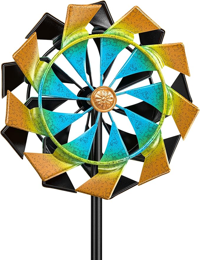 Outdoor 59 Inch Kinetic Wind Spinner, Double Blade Wind Sculpture with 5 Prong Base, Geometric Metal Windmill for Garden, Lawn & Patio Decoration (Colorful)