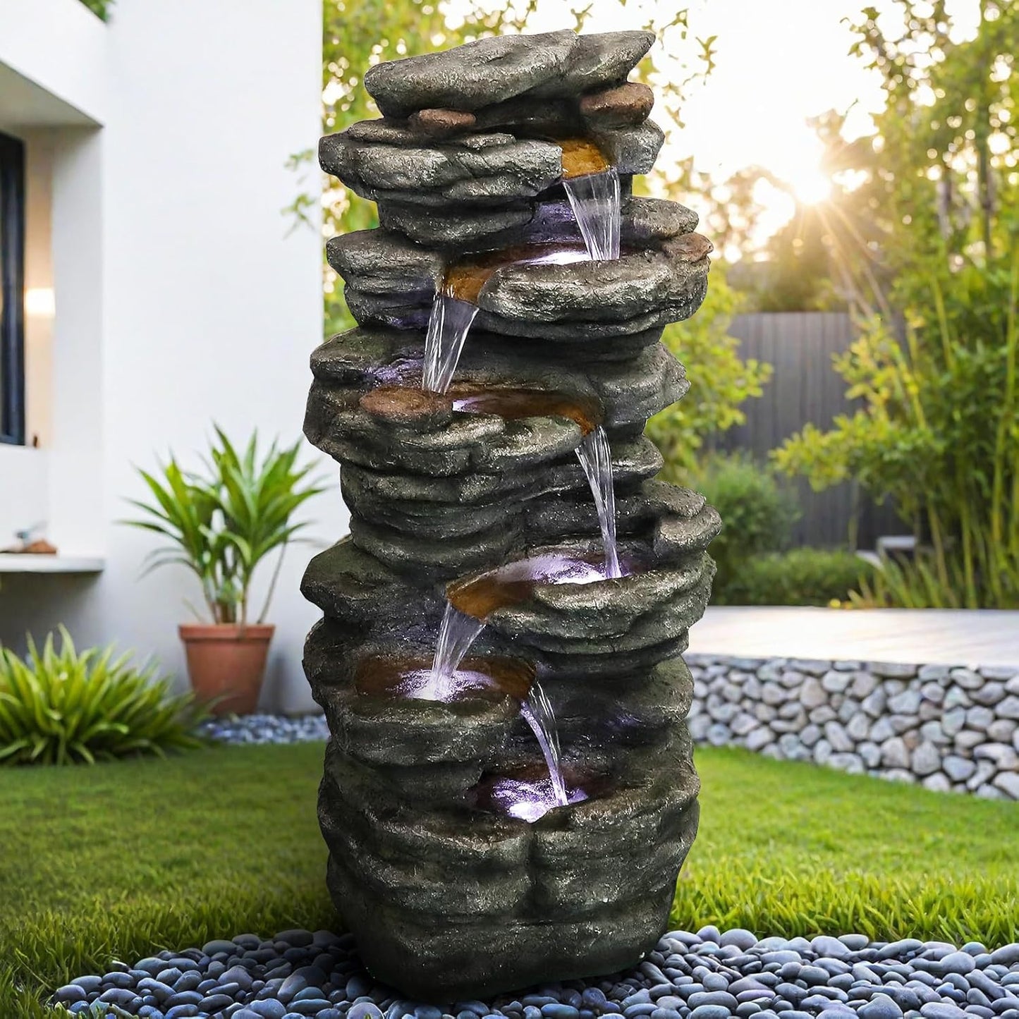 6-Tier Rockery Outdoor Fountain - 40” H Outdoor Waterfall Fountain with LED Lights for Home&Office Decor, Stacked Rock Cascading Relaxation Garden Fountains Outdoor for Patio, Yard, Deck