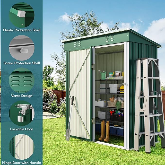 Gizoon 5' x 3'Outdoor Storage Shed with Singe Lockable Door,Galvanized Metal Shed with Air Vent Suitable for The Garden,Tiny House Storage Sheds Outdoor for Backyard Patio Lawn-Green