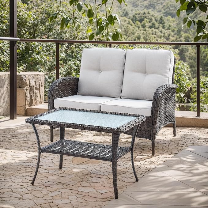 HUMMUH Outdoor Loveseat Sofa 2-Seat PE Wicker Outdoor Couch with Coffee Table, Deep Seat High Back Patio Furniture for Patio, Garden, Porch, Deck (Beige)
