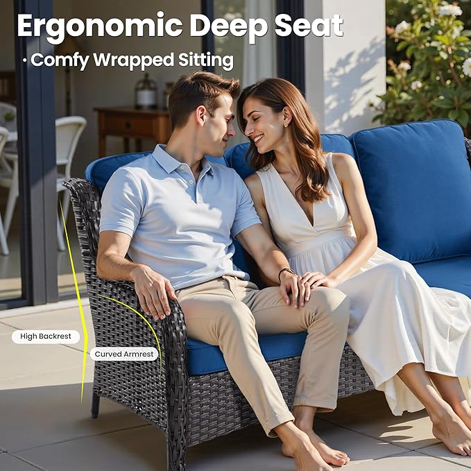 ovios 8 Pieces Patio Furniture Set, Outdoor Wicker Sofa Couch with Swivel Chairs 42" Fire Pit Table, High Back All Weather Modern Conversation Sets, Brown Rattan, Navy Blue