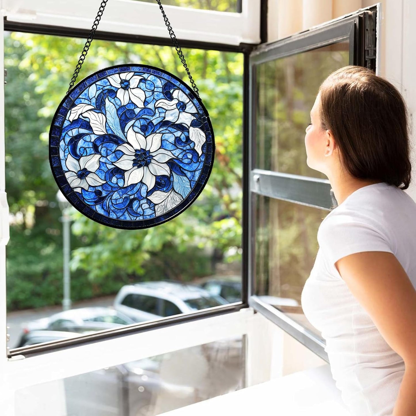 Stained Glass Window Hanging - Blue White Flowers Suncatcher for Doors Garden Patio Boho Style Sun Catchers Decor Christmas Mother's Day Birthday Gifts for Women Men Mom Nana Friend 9.8 in