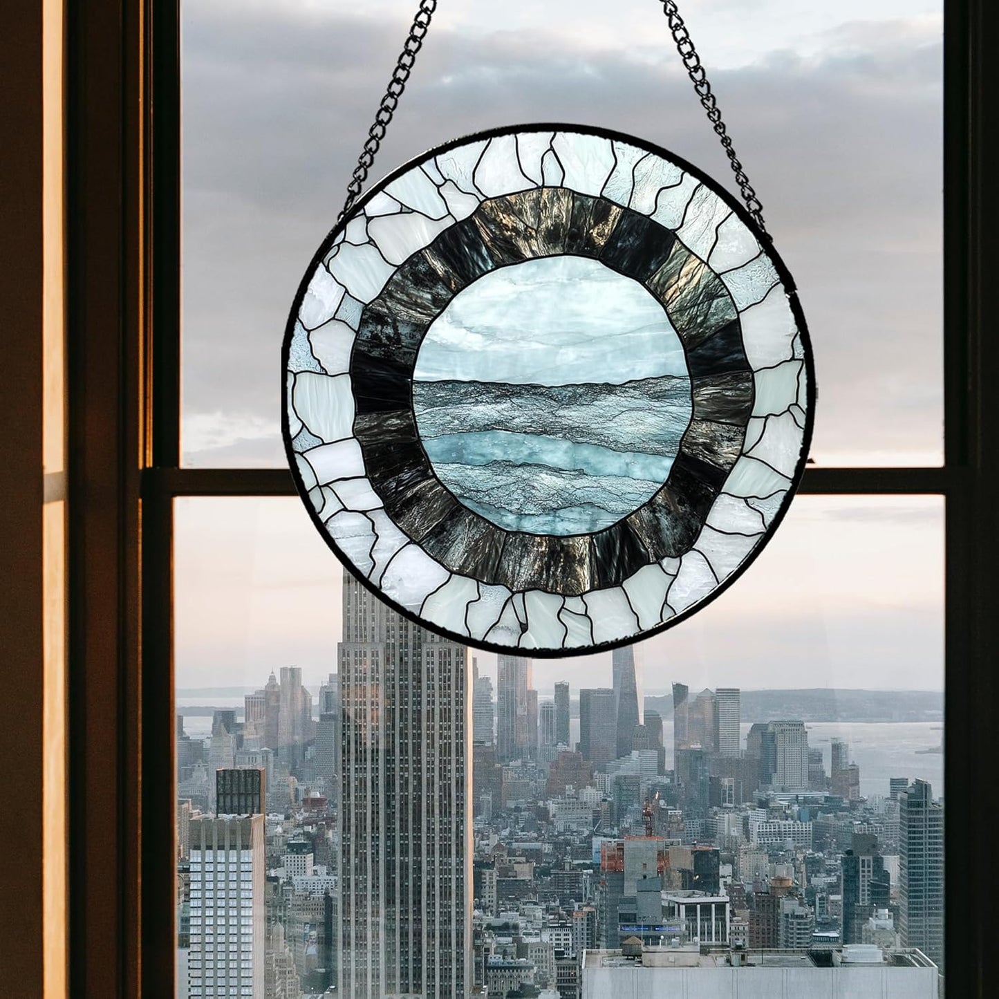 Stained Glass Window Hanging - Abstract Sea Surface Suncatcher for Doors Garden Patio Round Sun Catchers Decor Christmas Mother's Day Birthday Gifts for Women Men Mom Nana Friend 9.8 in