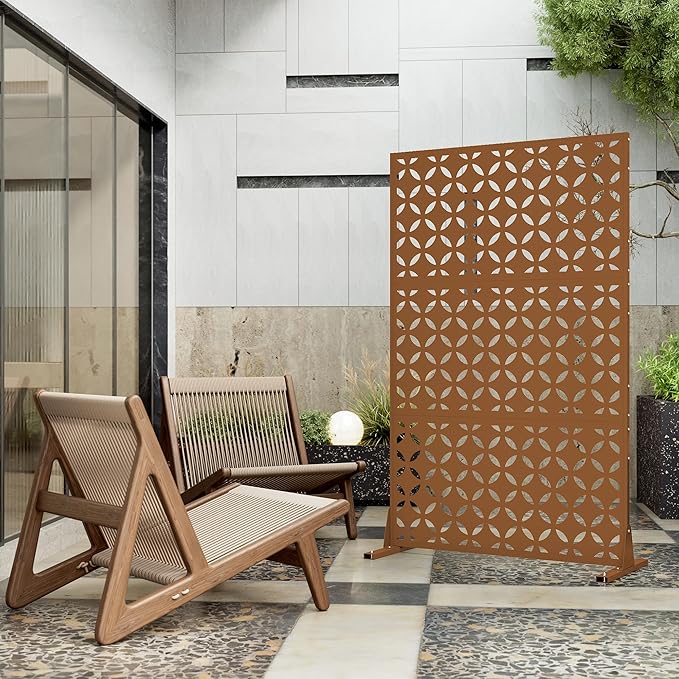 Heavy-Duty Outdoor Privacy Screen for Patio, Balcony, Backyard - 72" H * 44" W Metal Room Divider with Classic Clover Pattern, Anti-Tipping Kit, Weather Resistant, Easy Assembly (Browm-SYC)