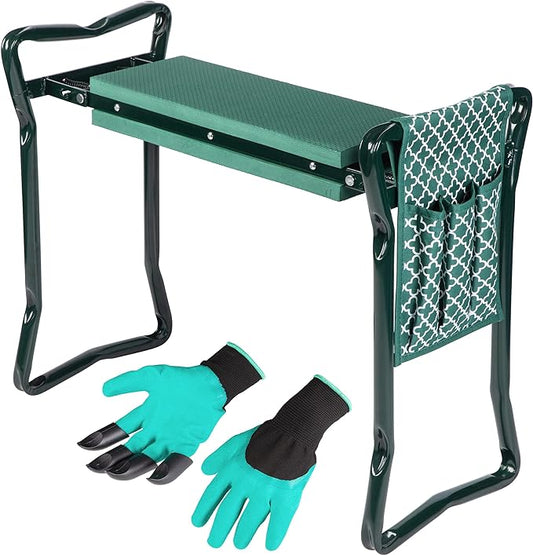 Garden Kneeler And Stool - Foldable Garden Seat For Storage - EVA Foam - Heavy Duty and Lightweight Gardening Yard Tools - Great for Gardening Gifts for Women - Bench Comes With Tool Pouch and Gloves