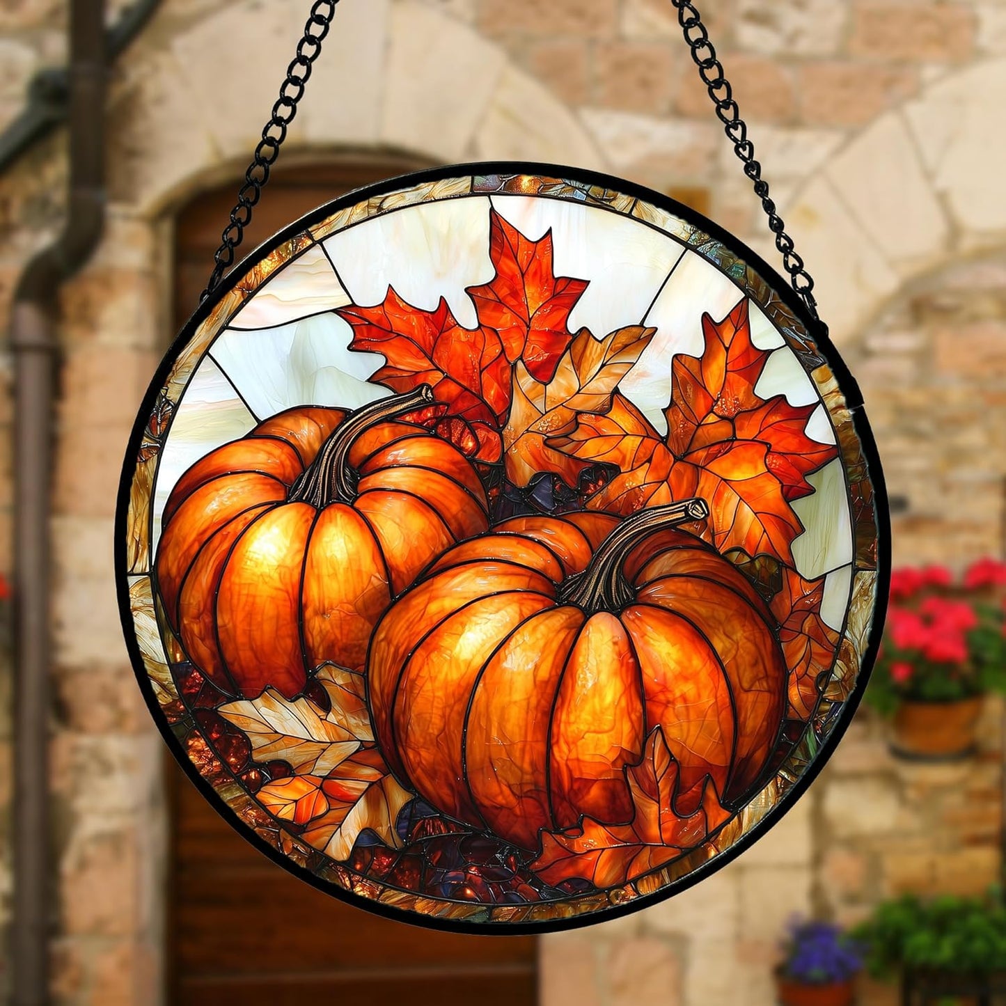 Stained Glass Window Hanging, Pumpkin Maple Leaf Suncatcher for Doors Home Sun Catchers Decoration and Christmas, Mother's Day Birthday Gifts for Women, Men, and Mom 6.3 in