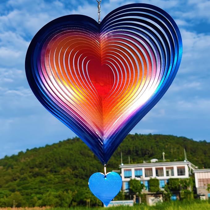 DJUAN Wind Spinners Outdoor Garden Decor 12inch Blue-Orange Love Heart Hanging Wind Spinner Metal Yard Art Decorations Kinetic Wind Sculptures & Spinners Birthday Gifts for Women, Mom, Grandma