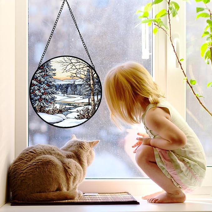 Stained Glass Window Hanging, Winter Snow Landscape Suncatcher Diamond Glass Panel Sun Catchers Decor for Birthday for Women, Men, Wife, Aunt, and Mom 7.8 in