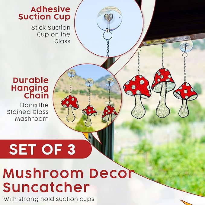 SENSORY4U Fly Agaric Hand-Painted Mushroom Stained Glass Suncatcher 3-Pack - Moon and Toadstool Window Hanging Ornaments - Nature-Inspired Home Décor for Plant and Mushroom Lovers