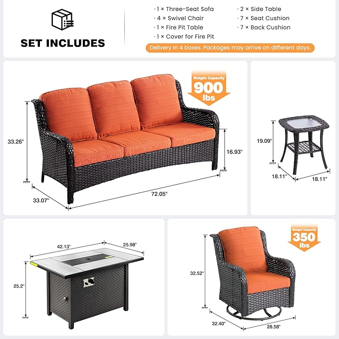 ovios 8 Pieces Patio Furniture Set, Outdoor Wicker Sofa Couch with Swivel Chairs 42" Fire Pit Table, High Back All Weather Modern Conversation Sets, Brown Rattan, Orange Red