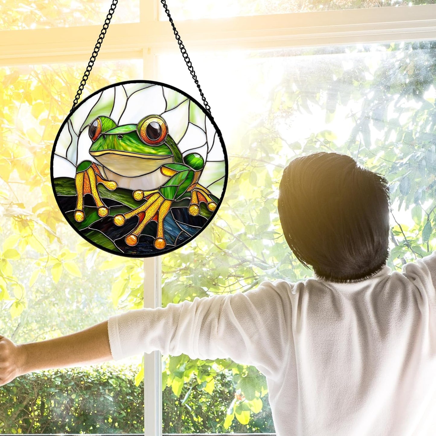Stained Glass Window Hanging, Green Frog White Petals Sun Catchers Colorful Glass Panel Cute Suncatcher Decor for Birthday for Women, Men, Wife, Aunt, and Mom 9.8 in