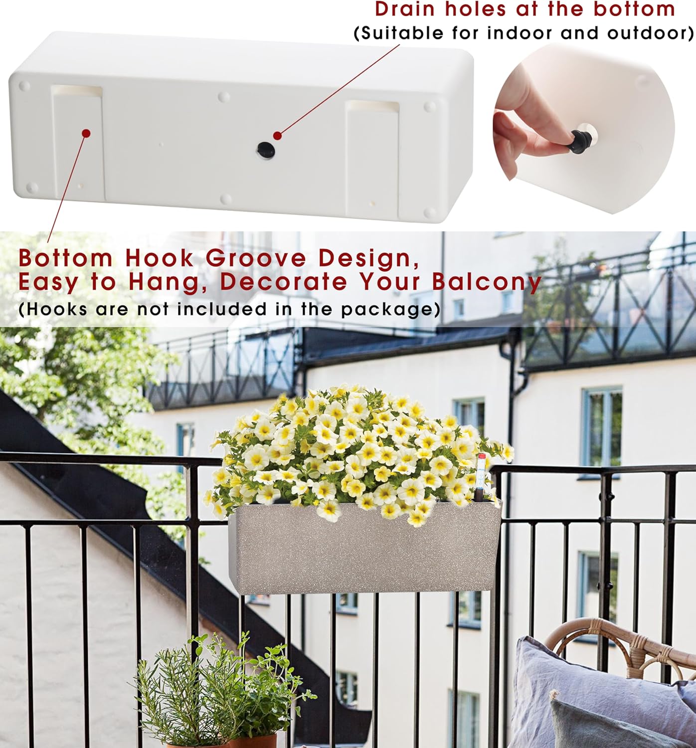 GardenBasix Elongated Self Watering Planter Pots Window Box 5.5 x 16 inch Indoor Home Garden Modern Decorative Planter Pot for All House Plants Flowers Herbs (Coffee,1-Pack)