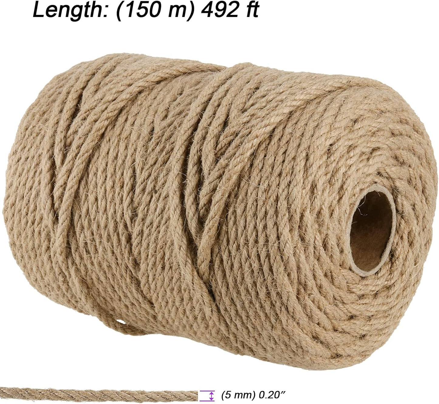 JOIKIT 5mm 492 Feet Jute Twine, Natural Braided Jute Rope, Twisted Hemp Rope for Crafts, Gardening, Bundling, Home Decoration