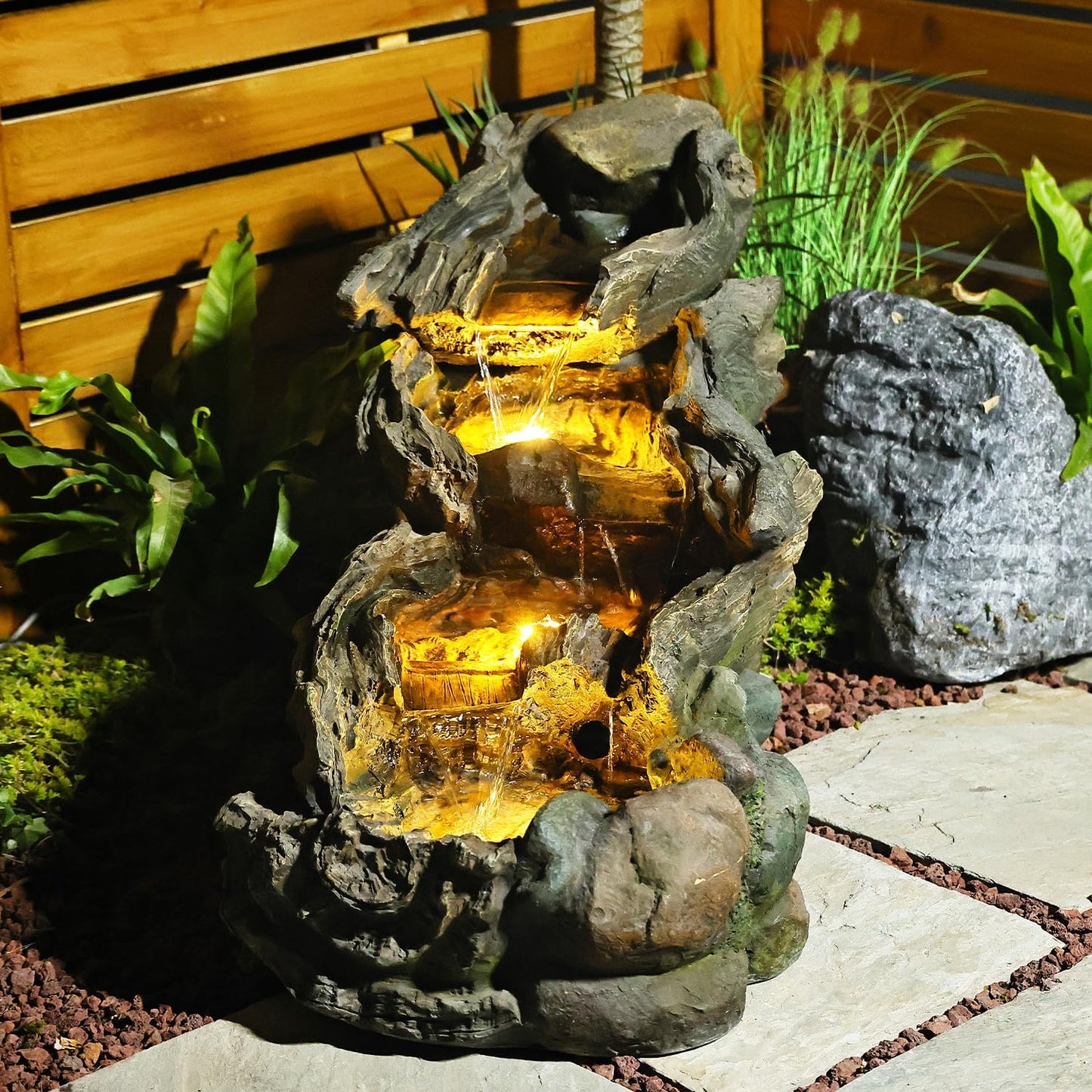 42.1 Inches Garden Outdoor Water Fountain - Mutiply Tiered Cascading Fountains Outdoor Decor with LED Lights and Pumps for Garden, Patio, Porch, Backyard, Deck, Pond and Home Art Decor