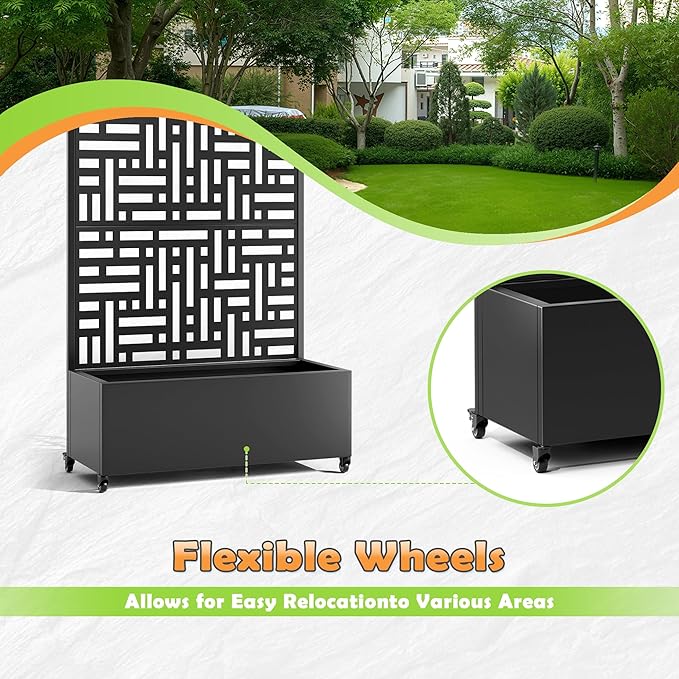 Metal Raised Garden Bed with Trellis, 2-in-1 Planter Box & Privacy Screen for Climbing Plants, Outdoor Standing Flower Bed with Drainage Holes, 35.4" L x 15.7" W x 70.1" H, Black-Helen