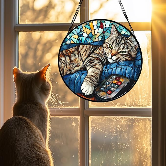 Stained Glass Window Hanging Gray Cat and Remote Control 7.8" - Suncatcher Door Garden Kitchen Sun Catcher Home Decor Birthday for Lost Pets Mom Men Woman Friend Grandma