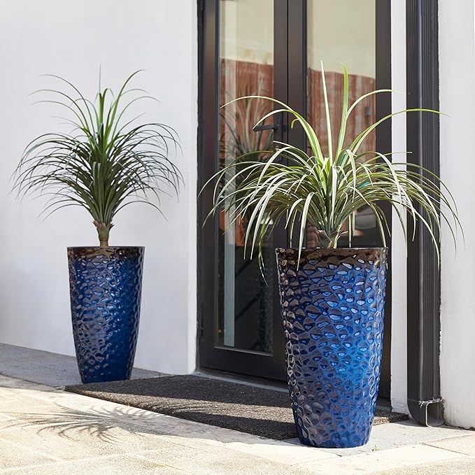 Glitzhome Set of 2 Tall Plastic Planters 23.75"H Eco-Friendly Honeycomb Textured Outdoor Indoor Garden Pots for Porch Patio, Large Modern Deck Plant Container with Easy Knock-out Drainage Holes, Blue