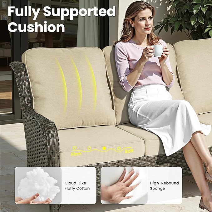 ovios 7 Pieces Patio Furniture Set, Outdoor Wicker Sofa Couch with Swivel Chairs 42" Fire Pit Table, High Back All Weather Modern Conversation Sets, Brown Rattan, Beige