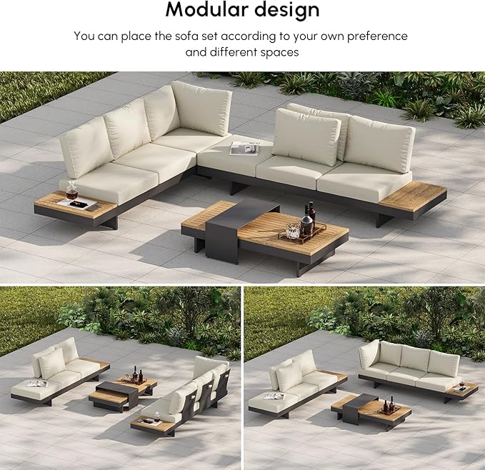 homary 6 Piece Aluminum & Teak Outdoor Sofa Set, Patio Conversation Sets Modular Outdoor Sofa with Covers, Waterproof, Fade Resistant Cushions Ideal for Patios & Balconies, Beige
