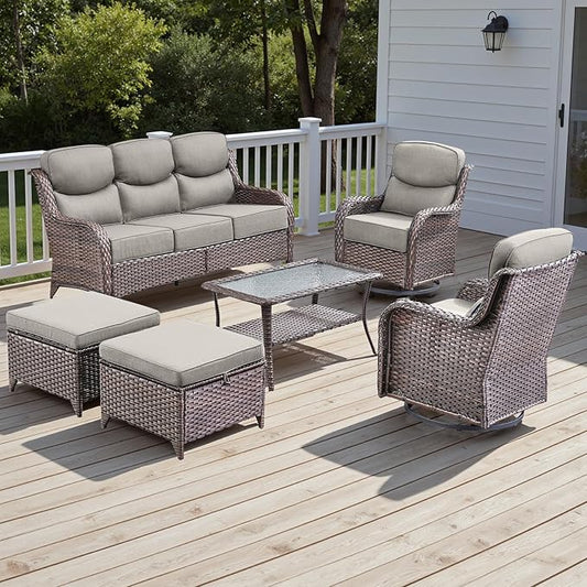 Rilyson Wicker Outdoor Patio Furniture Set - 6 Piece Patio Conversation Sets with Swivel Rocker Chairs, Ottomans, Sofa and Table, 6 inch Cushions, Deep Seating, for Porch Deck Brown/Beige