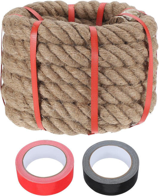 MECCANIXITY Jute Rope 1.4 Inch x 20ft, Thick Twine Rope Ropes Braided Jute Twine Natural Brown Burlap Cord String Heavy Twisted with Tapes for Decorative Crafts Railing Swing Tug of War