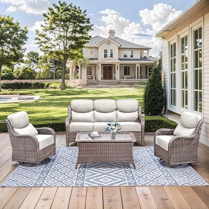 HUMMUH 6 inch Thick Cushion Wicker Patio Furniture Set with Outdoor Swivel Rocker Patio Chairs,High Back Outdoor Couch and Coffee Table for Porch Garden Deck