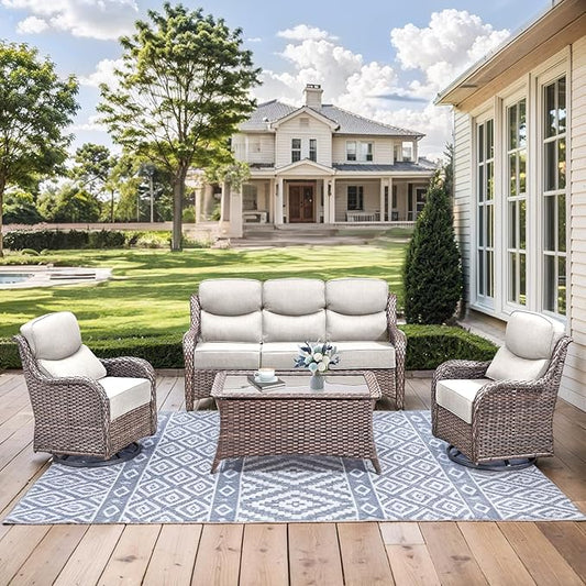 HUMMUH 6 inch Thick Cushion Wicker Patio Furniture Set with Outdoor Swivel Rocker Patio Chairs,High Back Outdoor Couch and Coffee Table for Porch Garden Deck