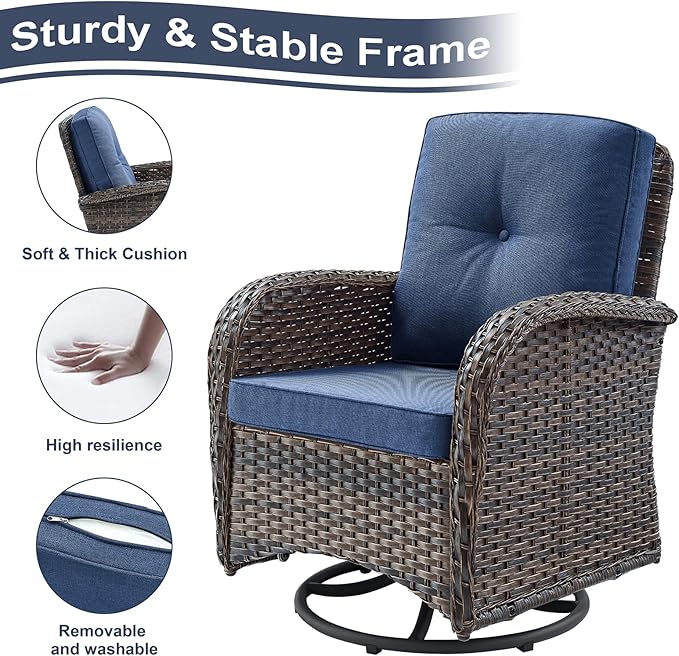 HUMMUH 7 Piece Patio Furniture Set with Fire Pit Table,Wicker Patio Swivel Rocker Outdoor Chairs 3-Seat Sofa for Porch,Poolside,Deck