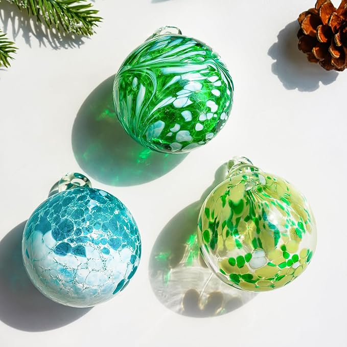 3pcs Hand Blown Glass Gazing Balls Blown Glass Christmas Ornament Balls Hanging Friendship Balls for Home Window Outdoor Garden Patio Decor