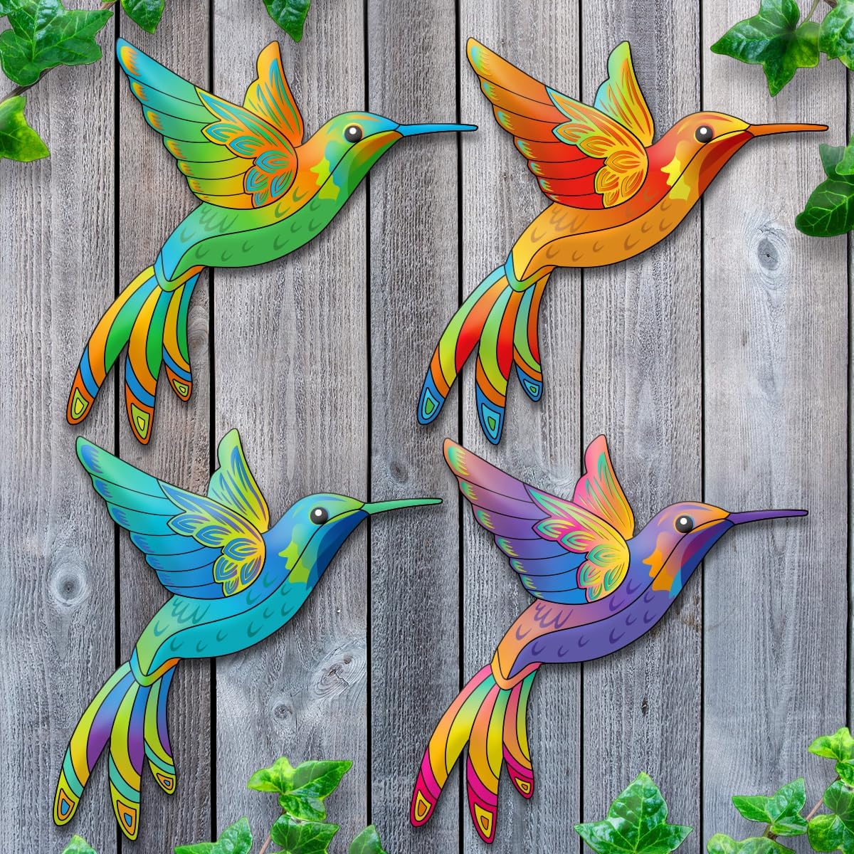 Metal Hummingbird Wall Decor,Outdoor Fence Birds Art Decoration,Hanging Decorations for Garden,Yard,Patio Balcony,Great Gifts for Family Friends(4 Pack)