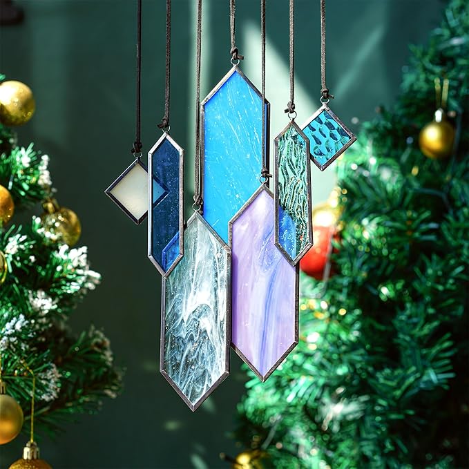 HDCRYSTALGIFTS Stained Glass Window Hanging Suncatchers - 7 Pieces Handcrafted Element Earth Tones Set,Modern Blue Wall Art Sun Catchers Indoor Window Glass Decor Gifts for Mom,Grandma
