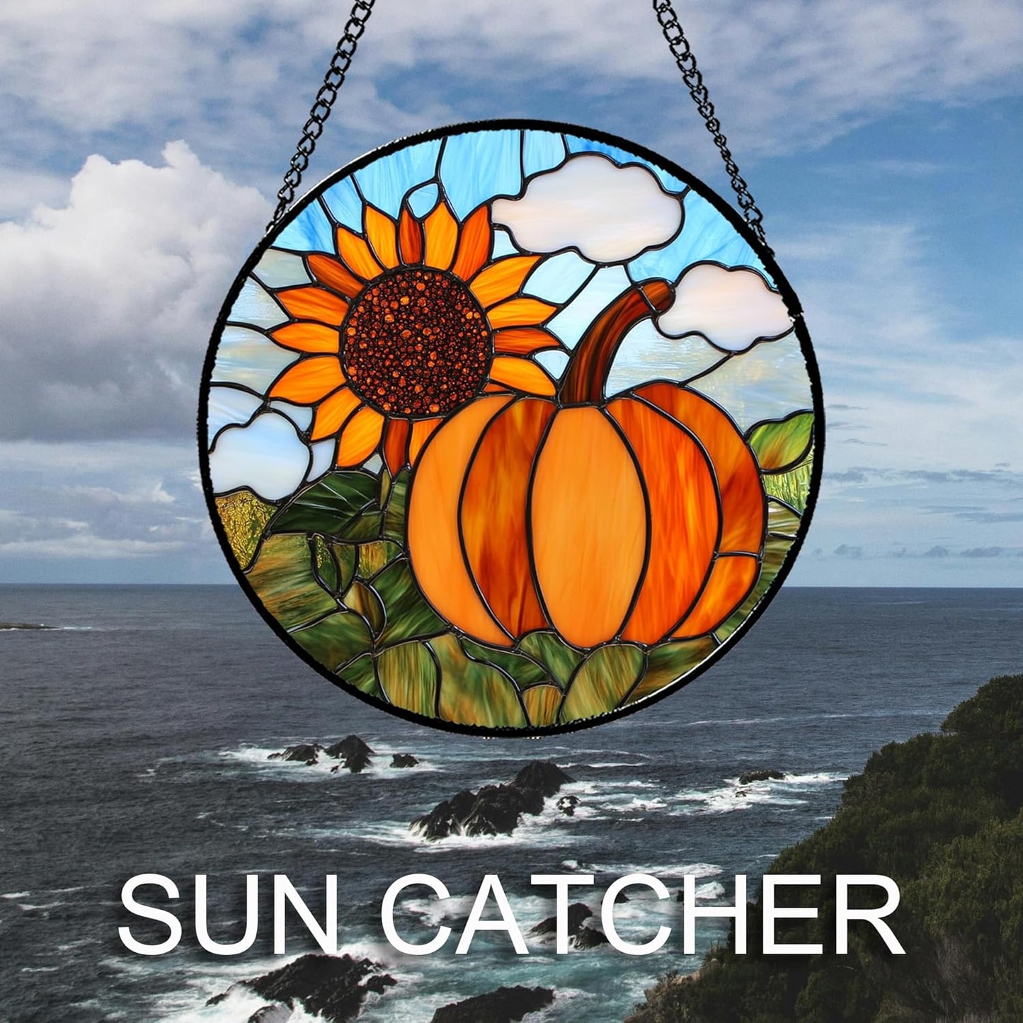 Stained Glass Window Hanging Fall Farm Scenery Sunflower Pumpkin 9.8" - Suncatcher Door Garden Kitchen Sunroom Sun Catcher Home Decor Birthday for Mom Grandma Men Woman
